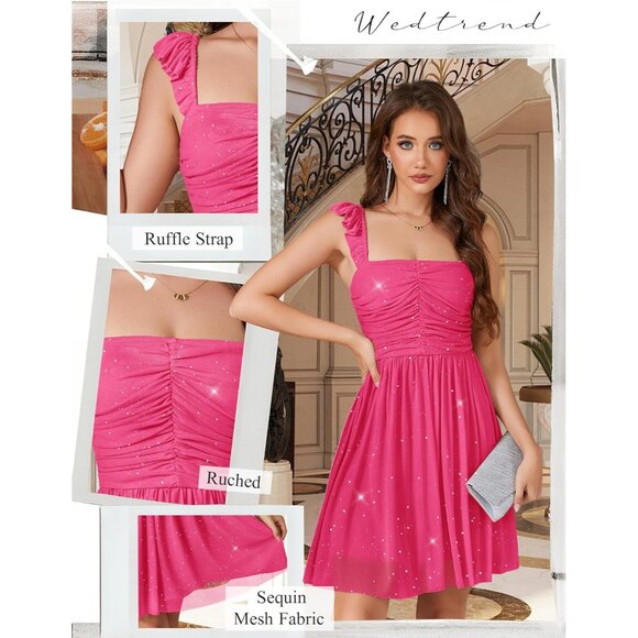 Sparkly Sequin Homecoming Dress Teens Ruffle Strap Short Cocktail Glam - Picture 4 of 5
